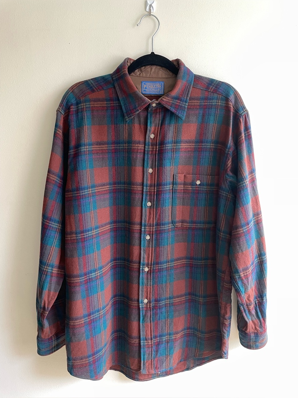 Vintage Pendleton Wool Shirt L Made USA Plaid Virgin Wool Elbow Patch Workwear